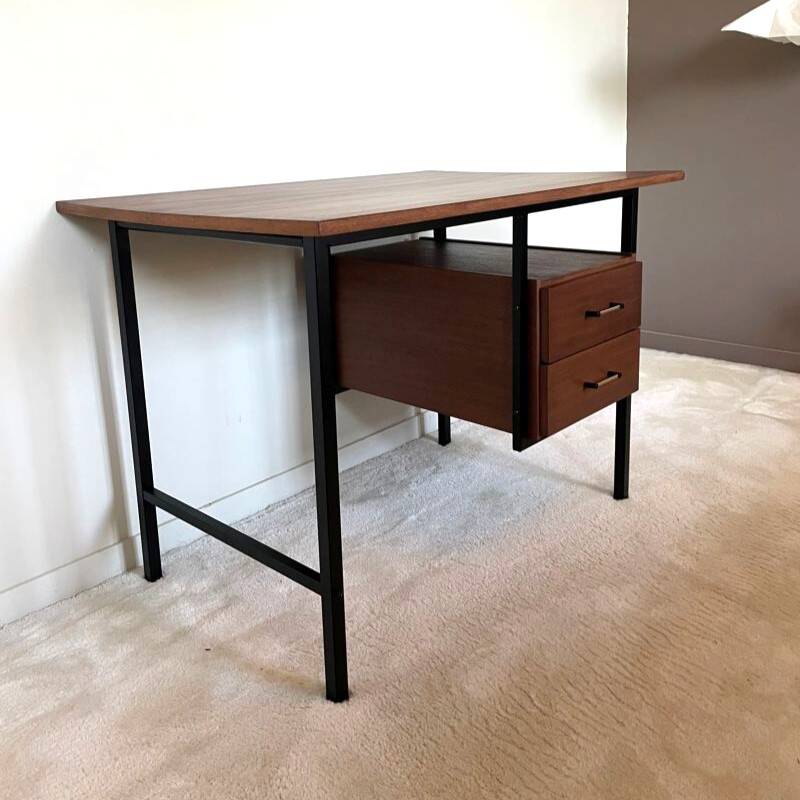 Bureau moderniste 2 tiroirs vintage en bois et métal noir