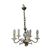 Brass chandelier and Dutch-style earthenware. Vintage
