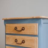 Commode à 5 tiroirs en bois naturel et fond bleu en chêne semi-massif