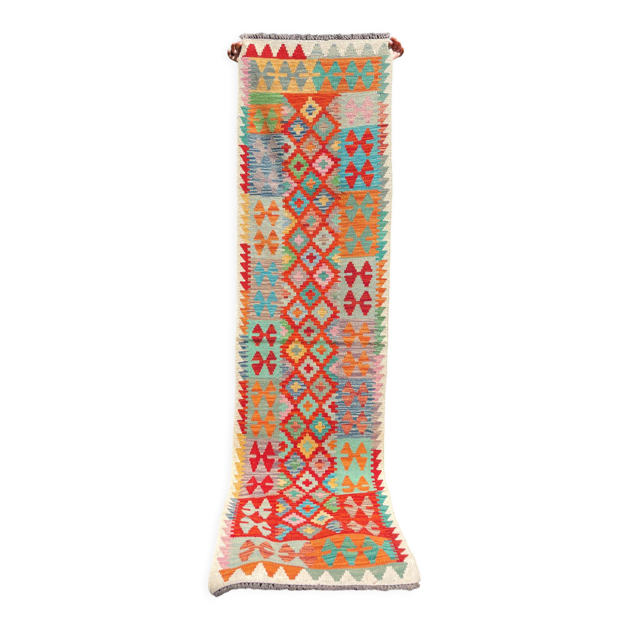 Afghan hallway kilim carpet colored red orange multicolor