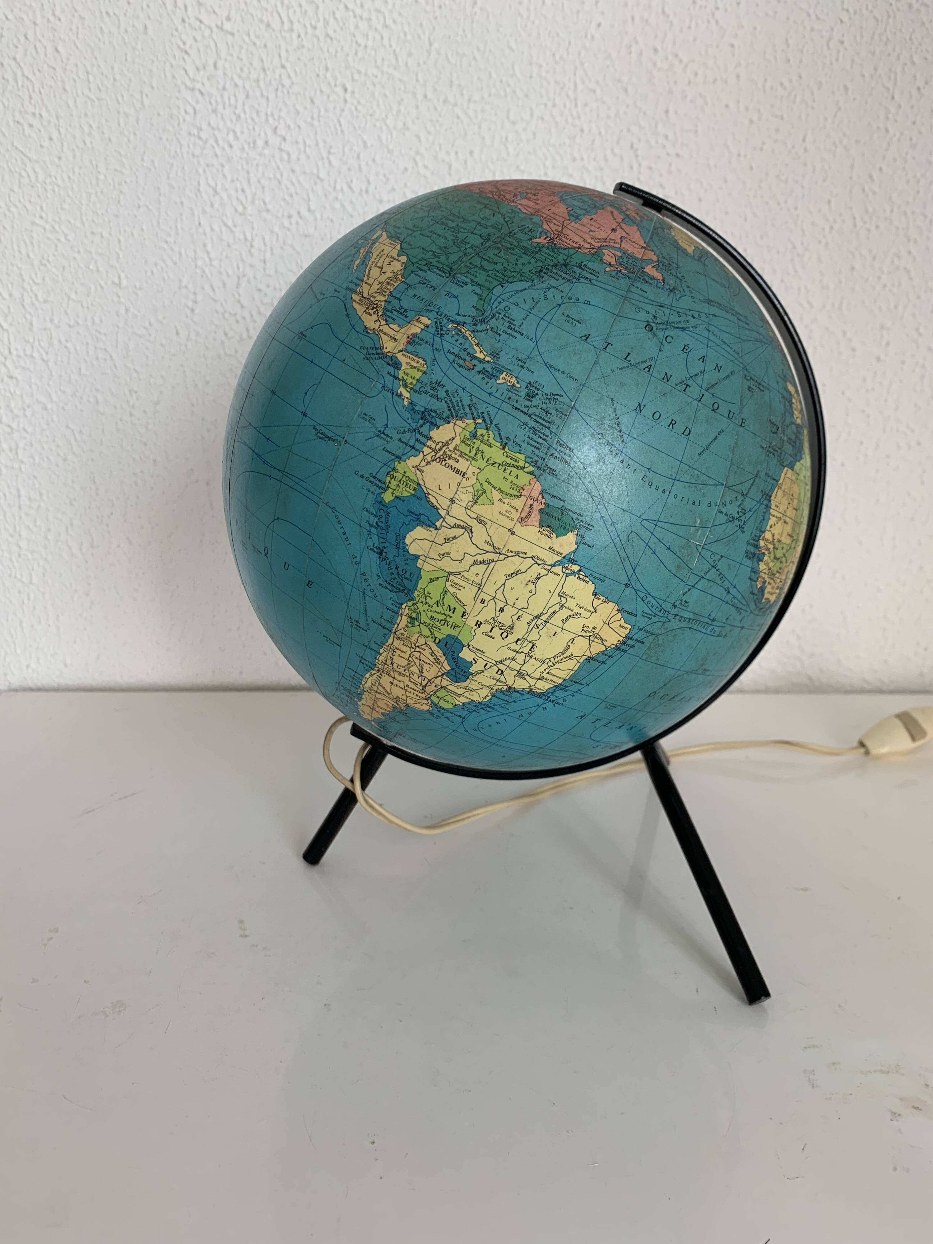 Globe vintage 1967 terrestre tripode Taride verre - 29 cm
