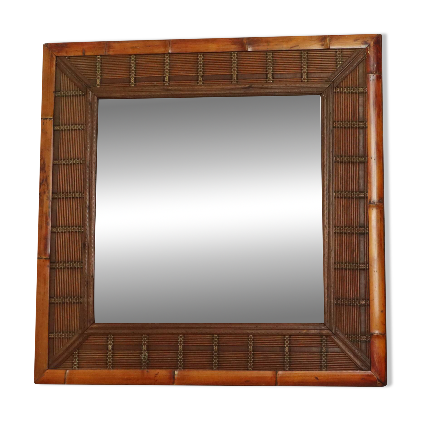 Vintage Square Bamboo and Rattan Mirror Boho 70cm