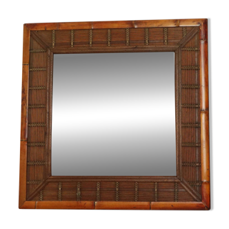 Vintage Square Bamboo and Rattan Mirror Boho 70cm