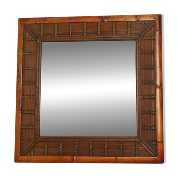 Miroir vintage carré en bambou et rotin boho 70 cm
