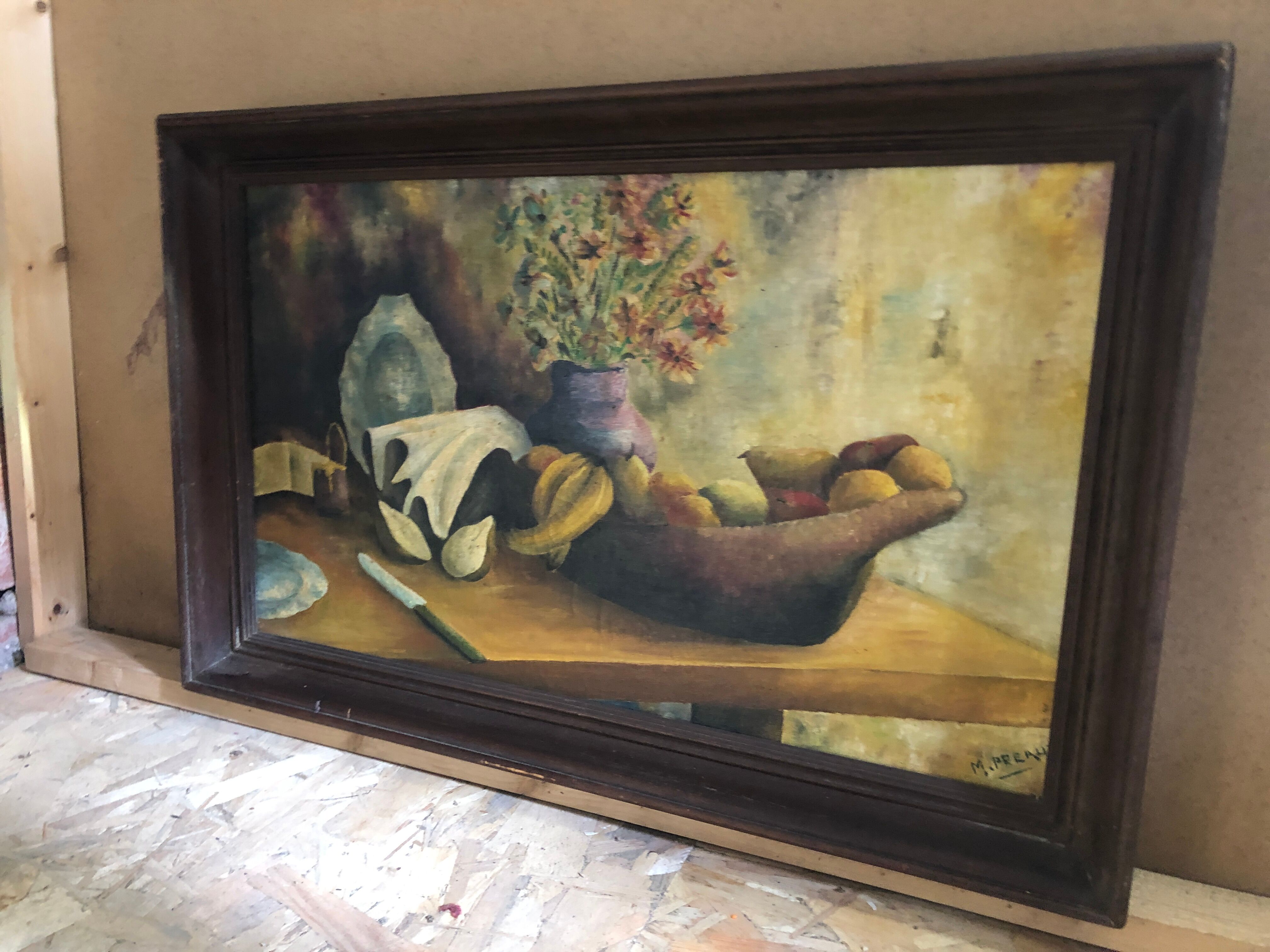 Painting old oil on canvas m. preaux still life + vintage wood frame