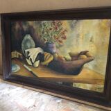 Tableau ancien huile sur toile M. Preaux nature morte + cadre bois vintage