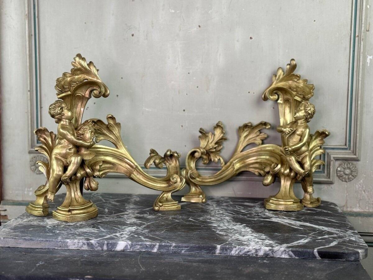 Paire de chenêts en bronze ciselé et doré d'après un modèle de Jacques Caffieri, Paris XIXème