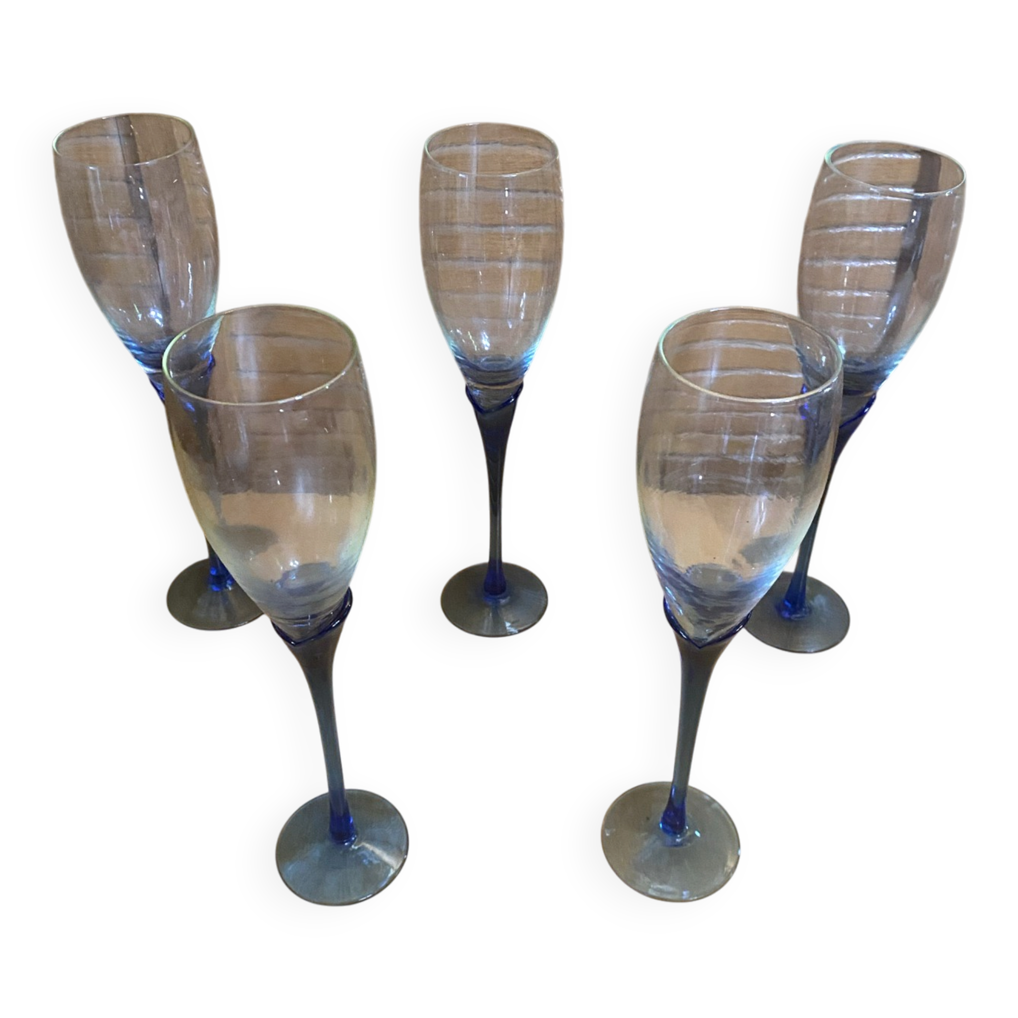 Set of 5 Champagne Flutes BORMIOLI ROCCO Moulded Glass + Vintage Blue Stem