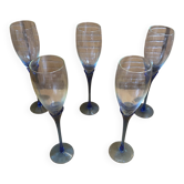 Set of 5 Champagne Flutes BORMIOLI ROCCO Moulded Glass + Vintage Blue Stem