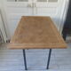 Table, tubular pedestal metal gray slate, oak tray marked