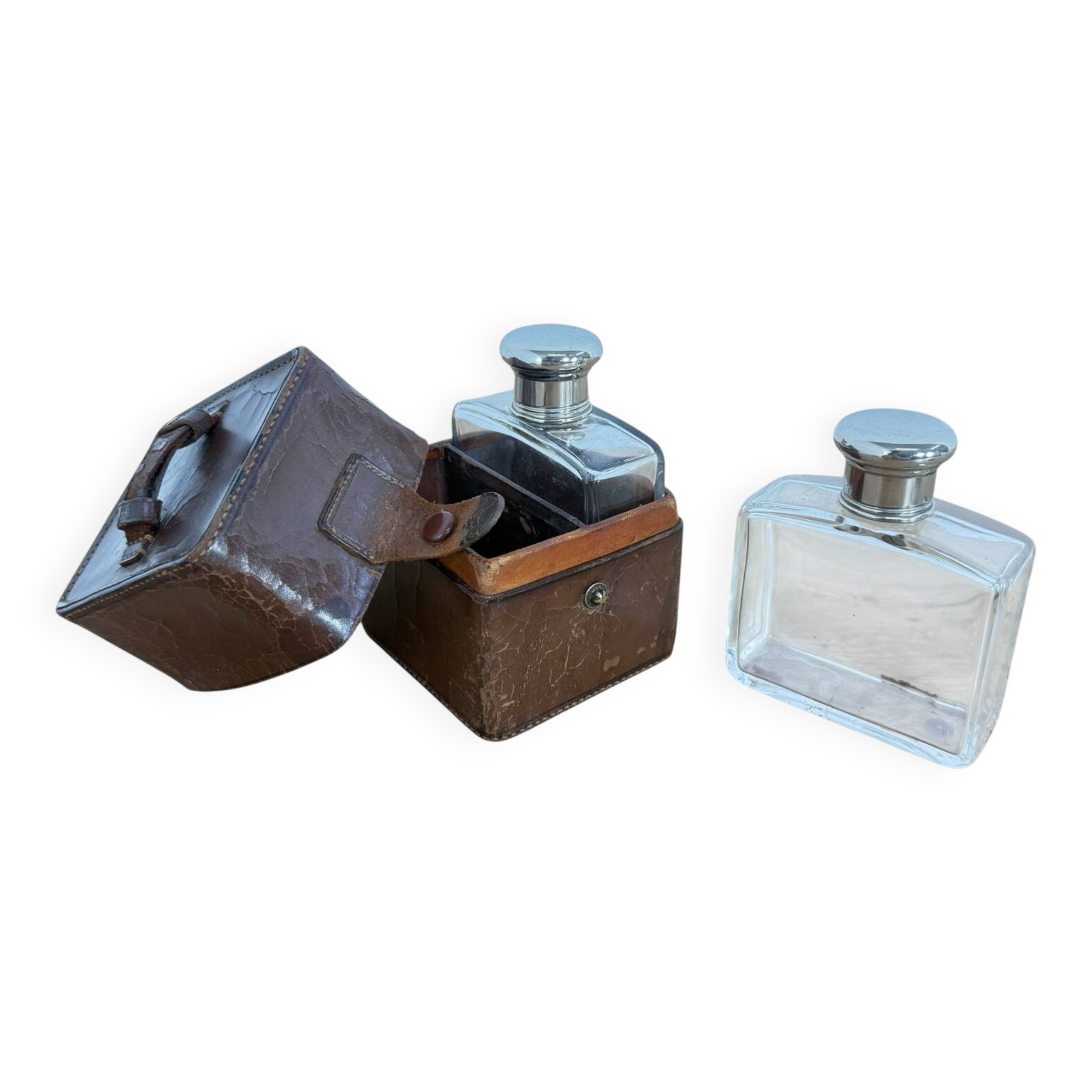 Antique Travel Perfume Bottles in Leather Case