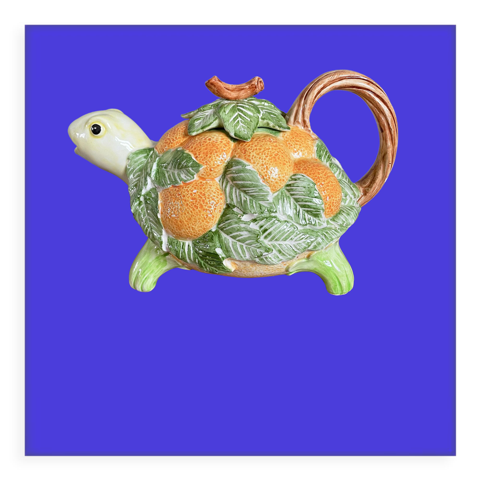 Fitz & Floyd ff1986 turtle jug or teapot with oranges and leaves, american majolica tableware