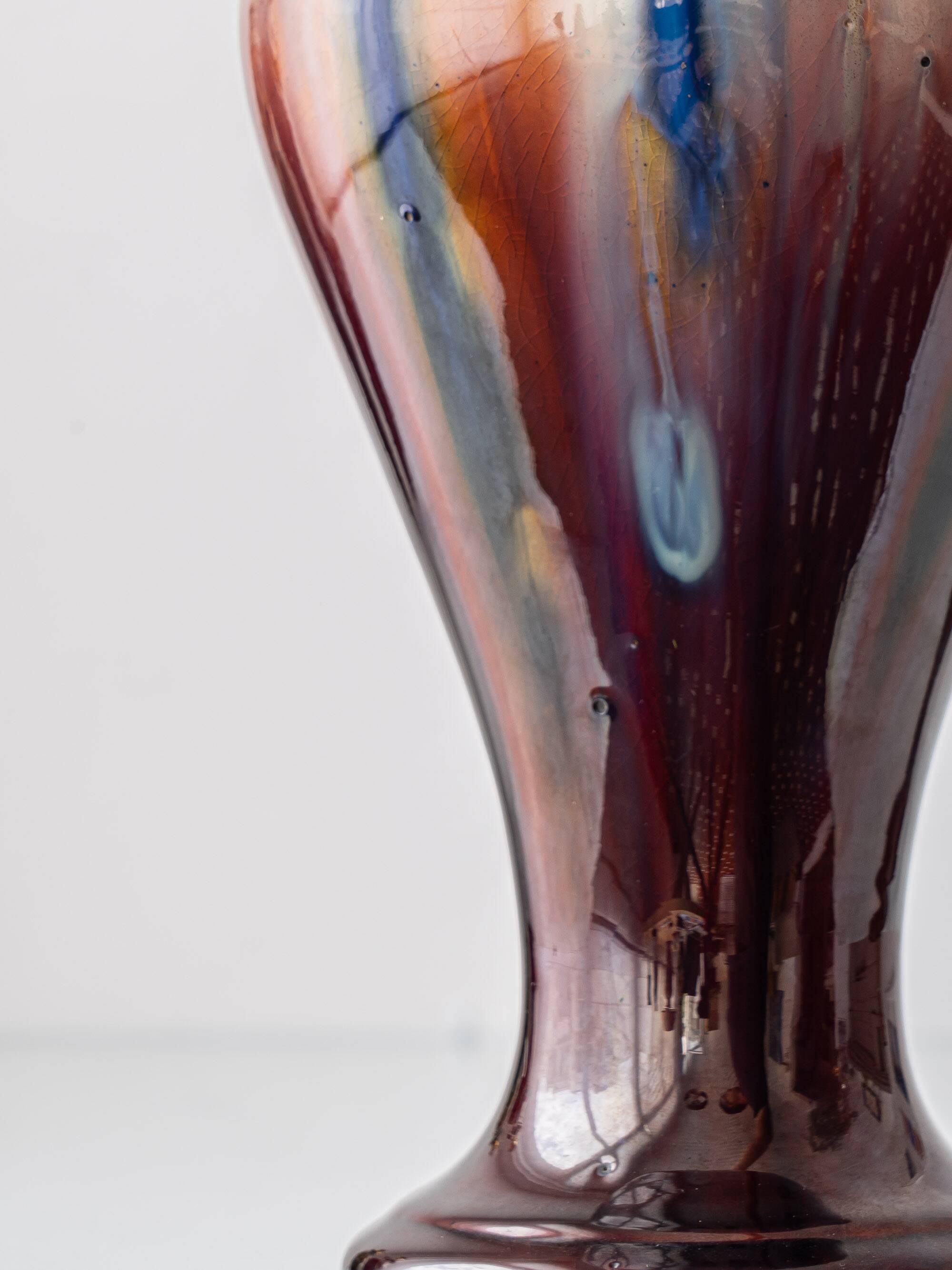 Belgian Art Deco Ceramic Table Lamps, Pair, Flambé Drip Glaze, New Silk Shades