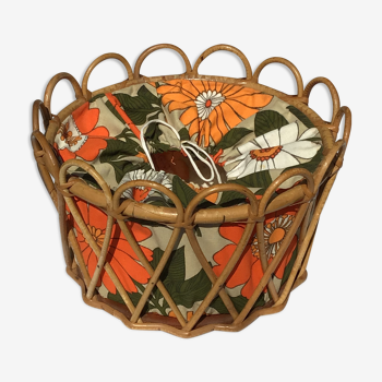 Sewing basket rattan round fabric vintage flowers