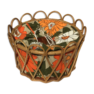 Sewing basket rattan round fabric vintage flowers