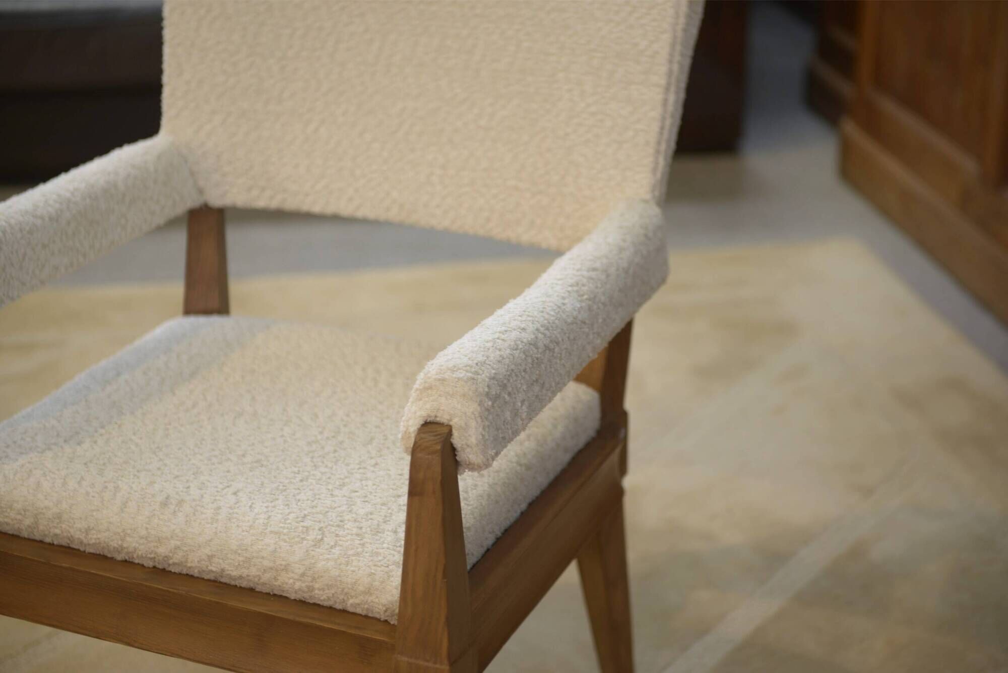 Art Deco modernist armchair in ash and cream boucle by Pierre Gouffé 1940s