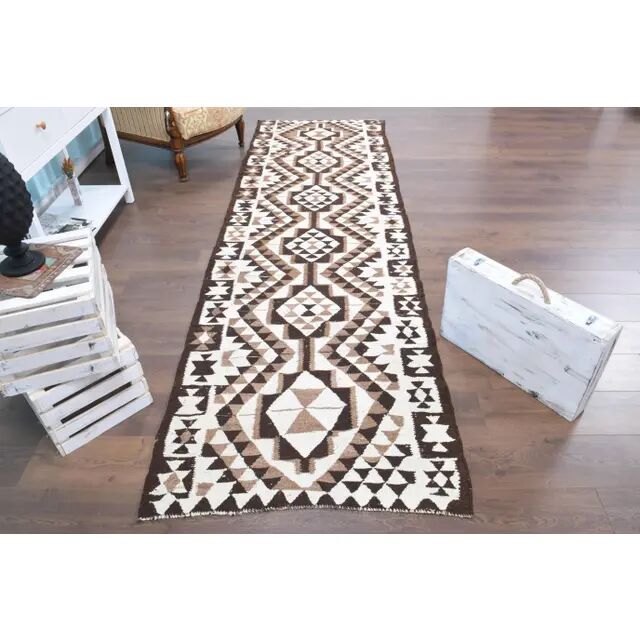 Vintage Turkish Oushak Handmade Wool Cotton White Runner Rug 100x334