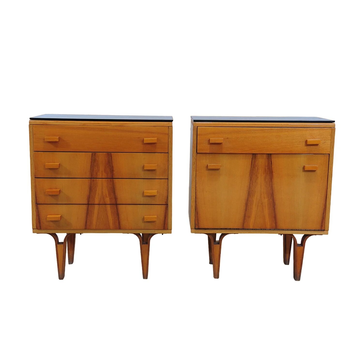 Mid-century bedside tables with ash veneer and black glass by František Mezulánik, Nový Domov, Czechoslovakia, 1970s.