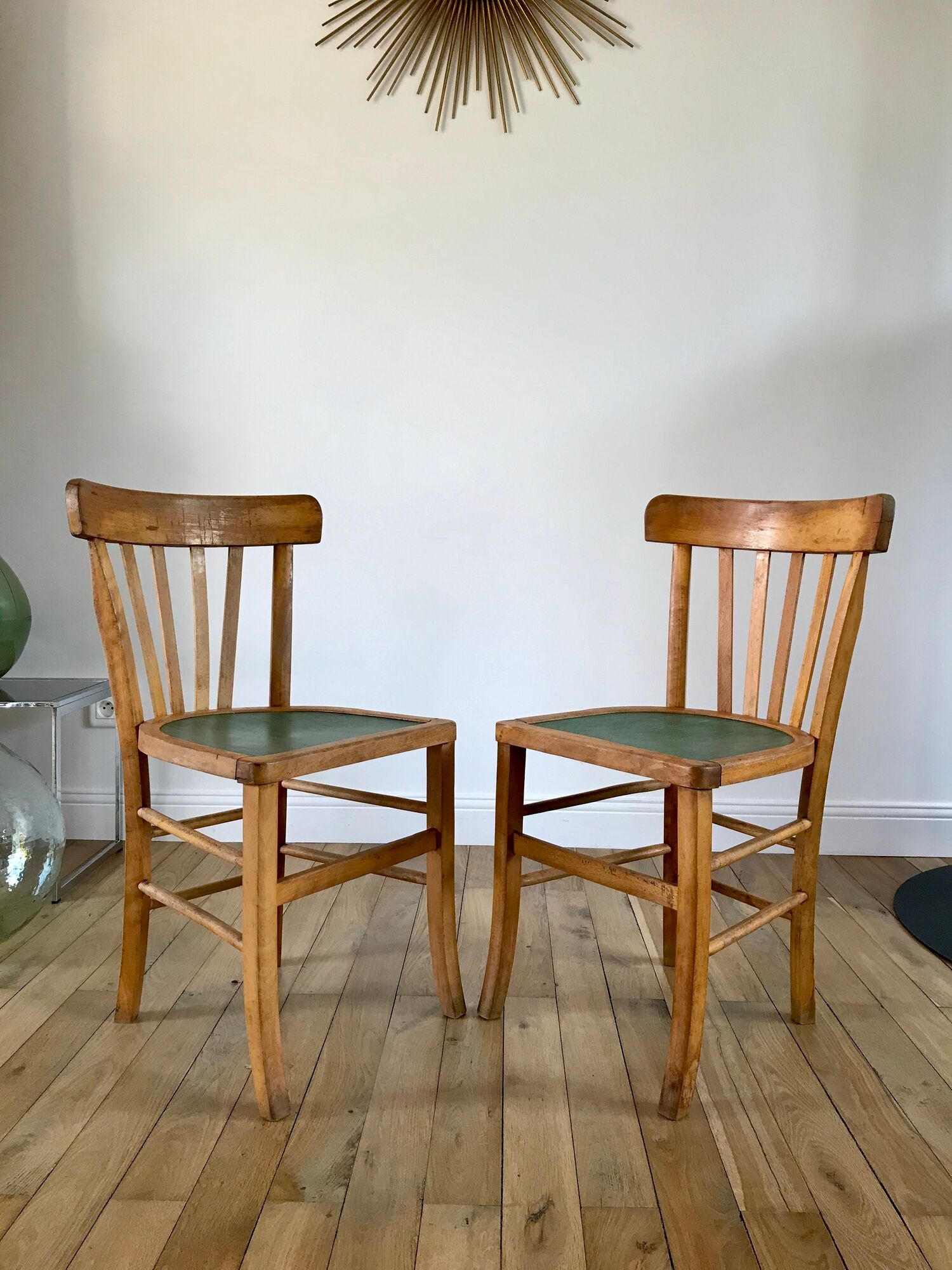 Pair of bistro chairs in light curved wood and green seat 1950s