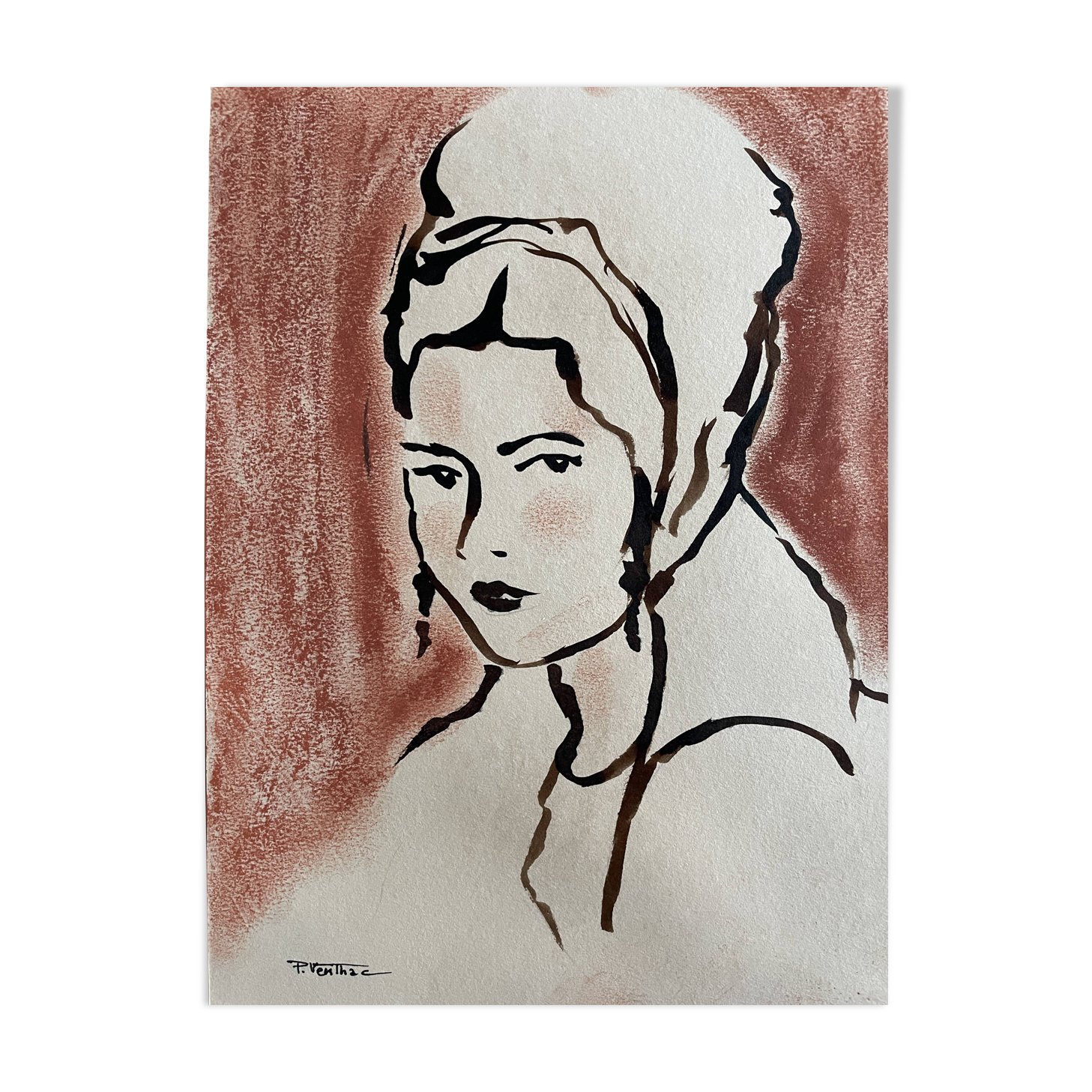 Painting signed Indian ink and pastel female portrait “study with headdress”
