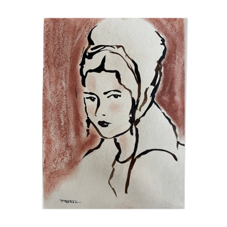 Painting signed Indian ink and pastel female portrait “study with headdress”