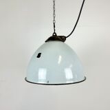Industrial grey enamel factory lamp with cast iron top, 1960s