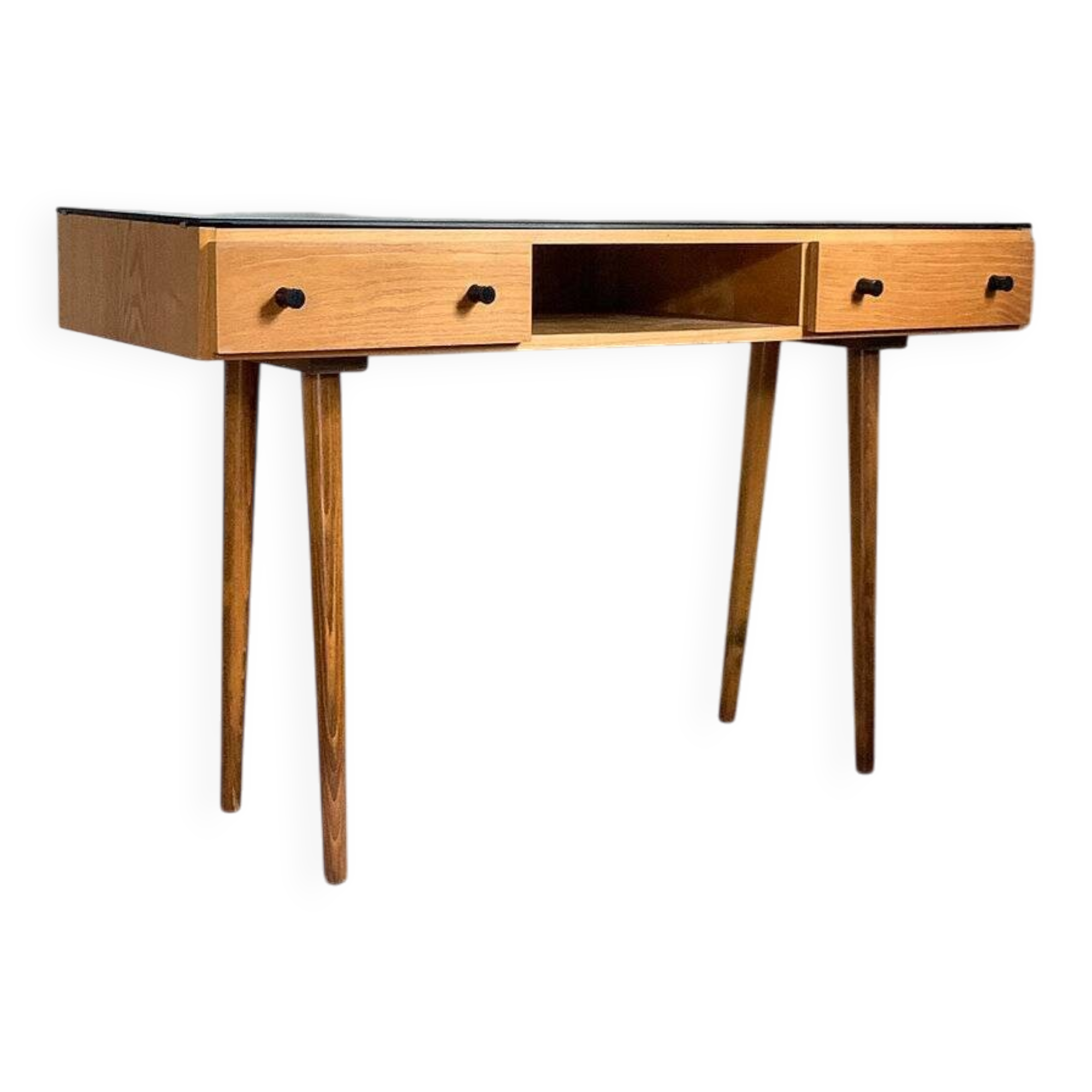 Vintage desk with compass legs in oak
