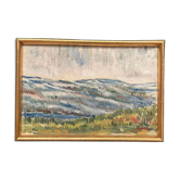 Paysage à l'huile sur toile du milieu du siècle par un artiste inconnu, vintage et encadré – 33 × 22 cm
