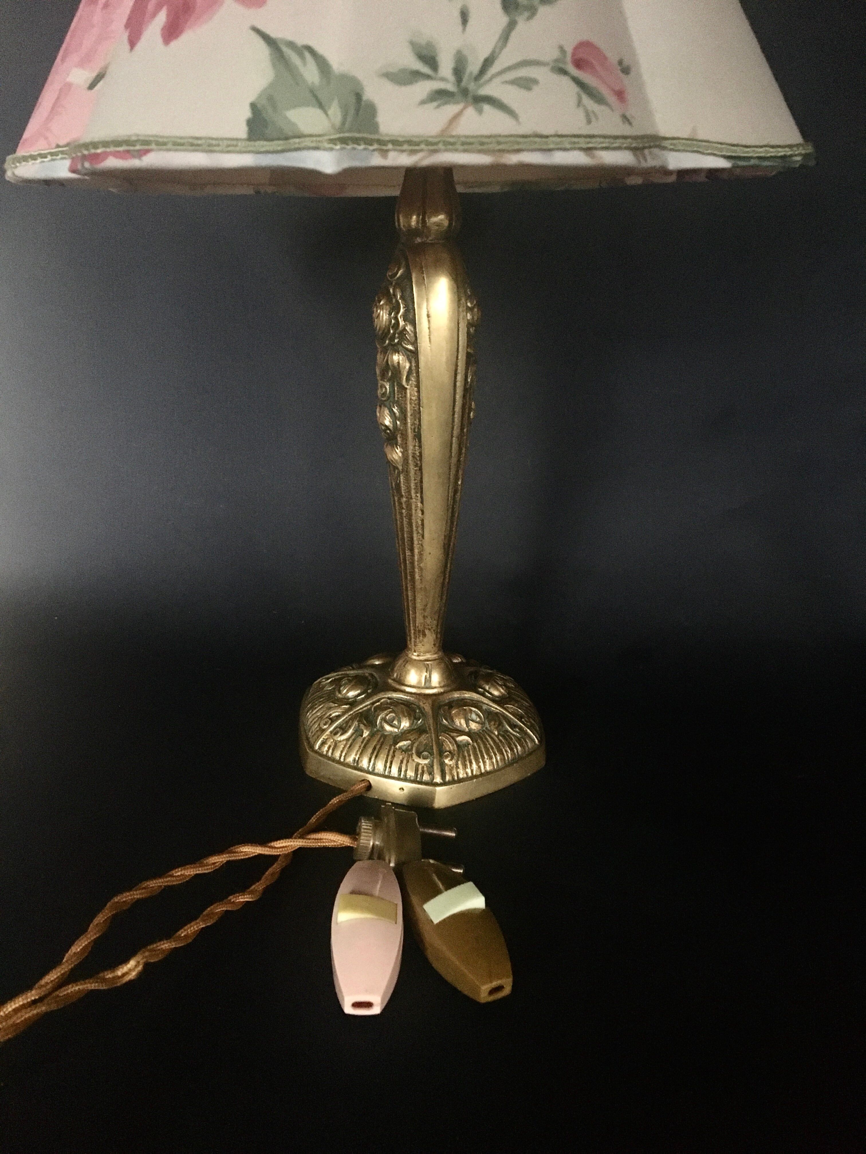 Bronze lamp, lampshade fabric stripe and cable vintage switch
