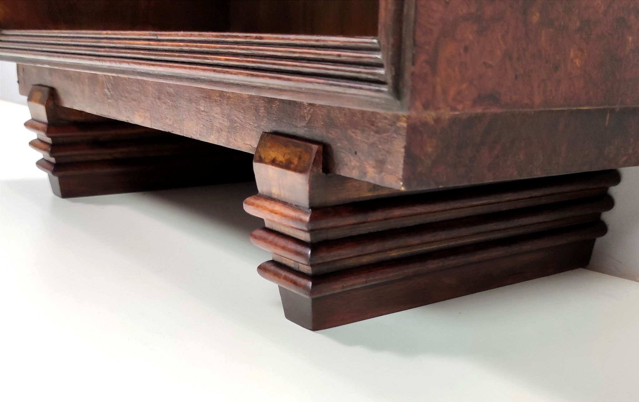 Vintage small walnut and birch root art deco bookcase, italy