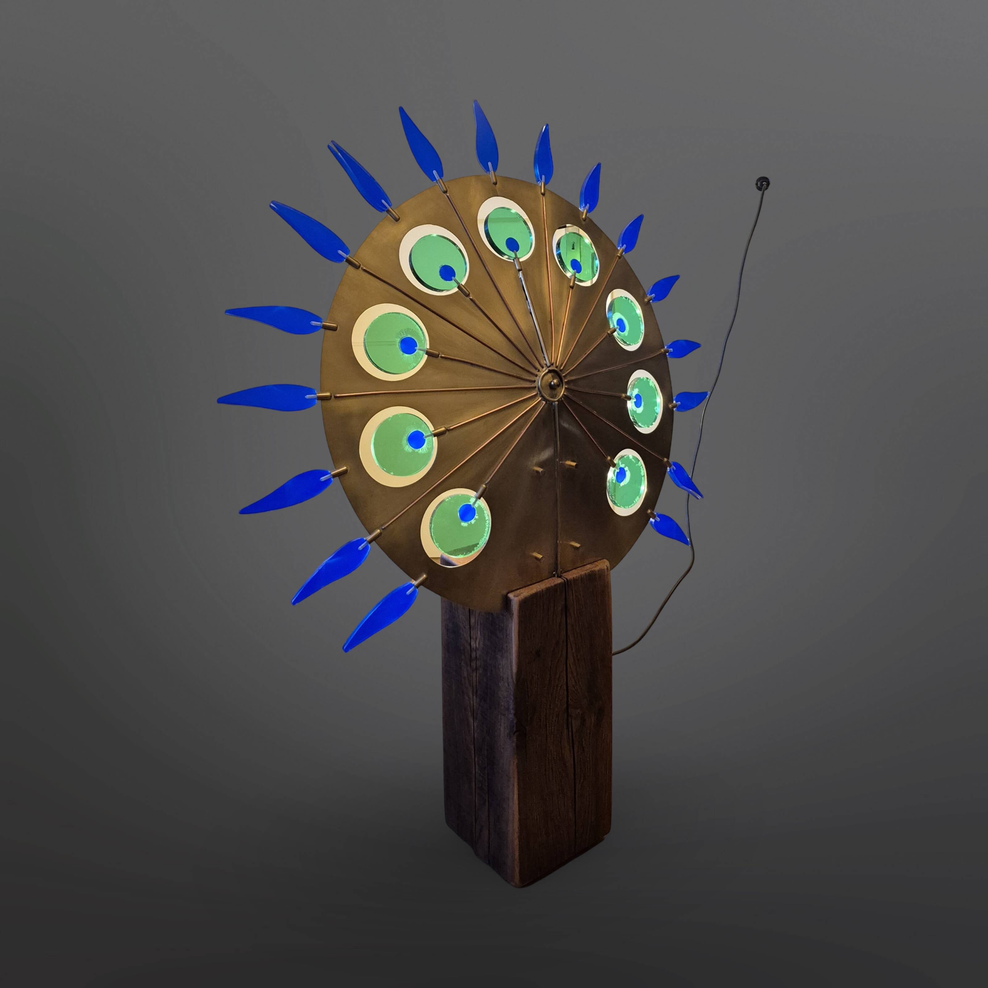 Lampadaire artisanal en laiton, chêne et plexiglas, Pays-Bas, années 1970