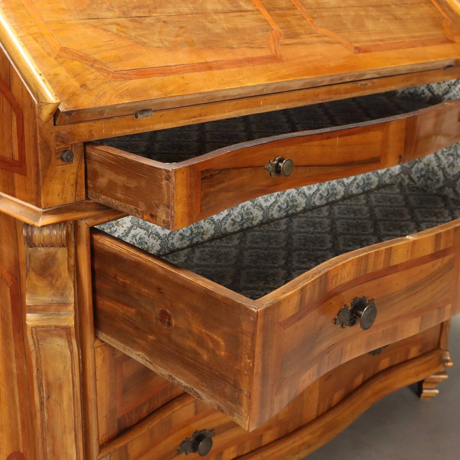 Antique cherry wood cabinet with drop-down front, 3 drawers, Italy, 20th century.