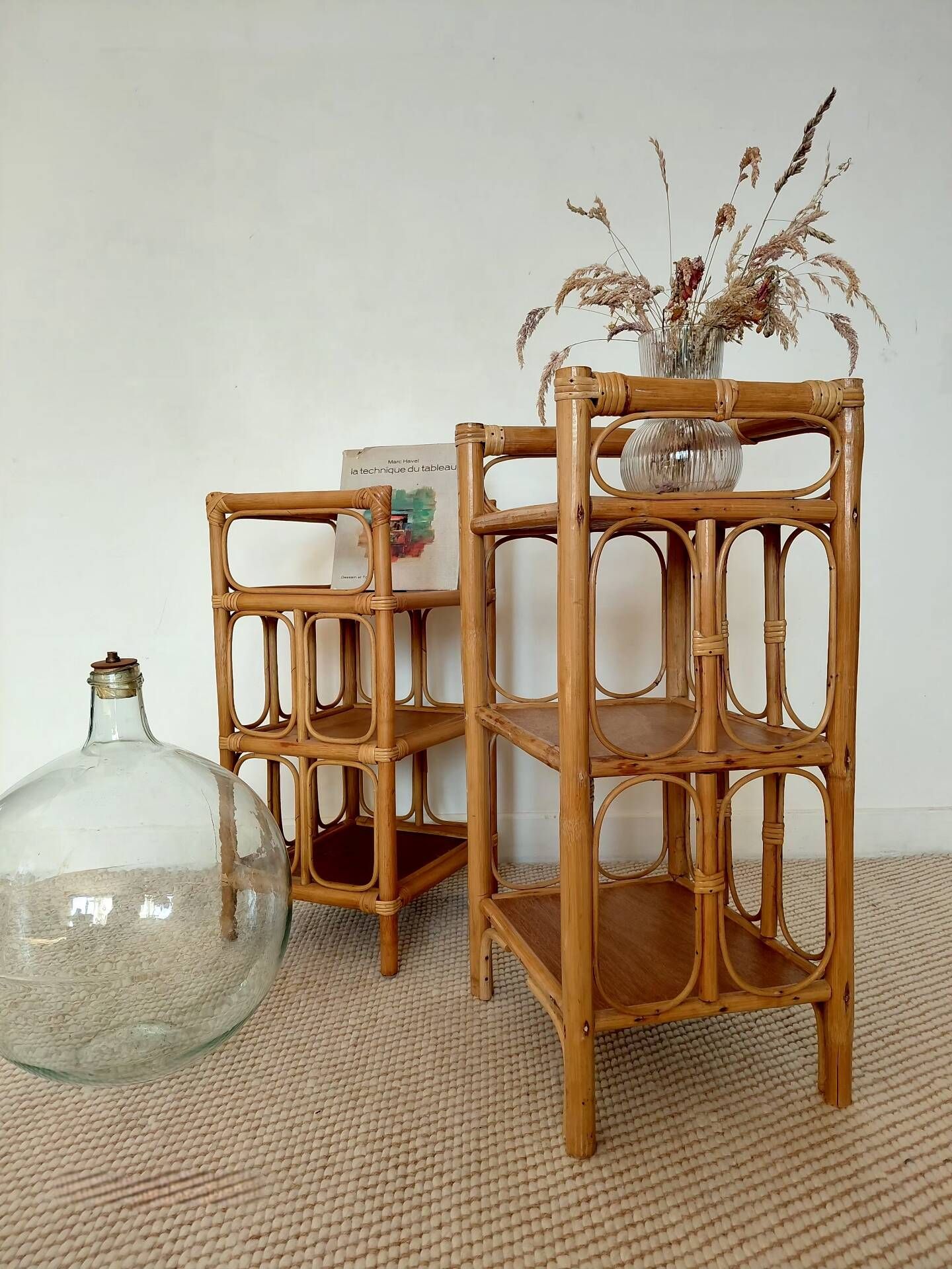 Pair of bedside tables/vintage bamboo and rattan accent furniture - 1970s