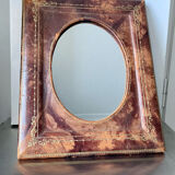 Antique leather framed mirror with gildings 30 cm x  24 cm
