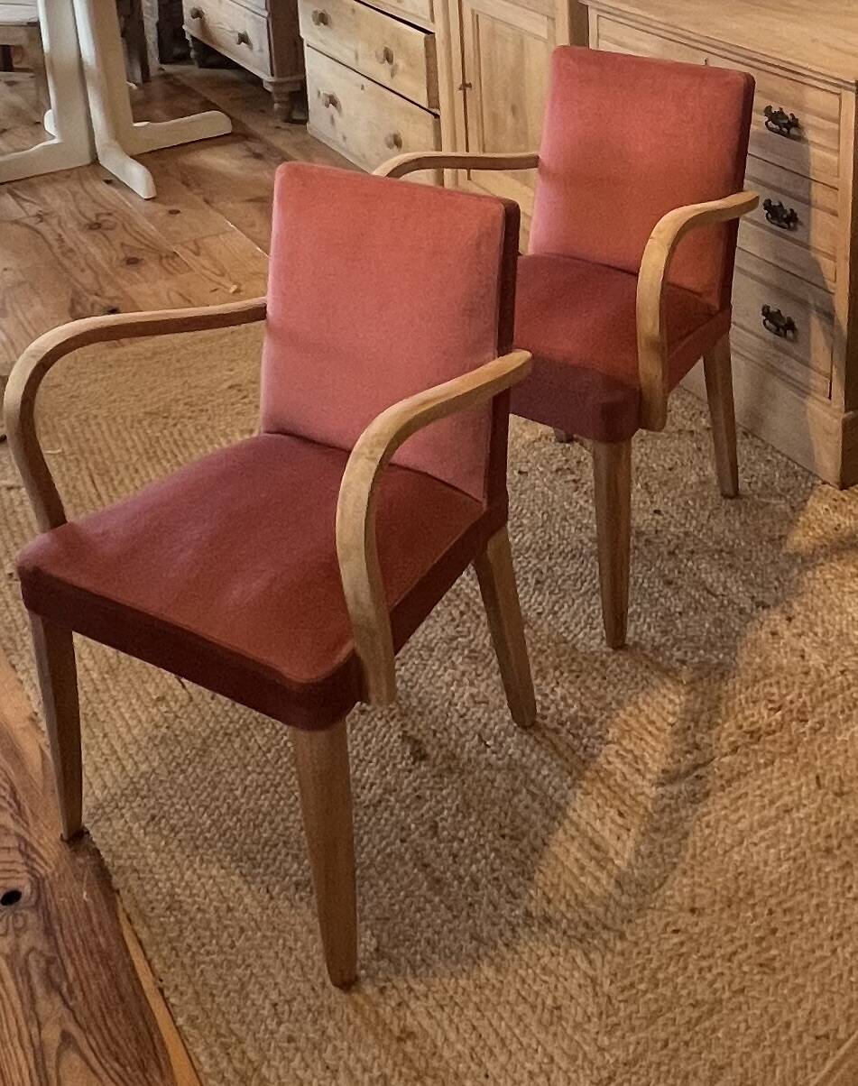 Pair of vintage bridge armchairs in solid raw wood and old pink