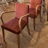 Paire de fauteuils bridge vintage en bois massif brut et vieux rose