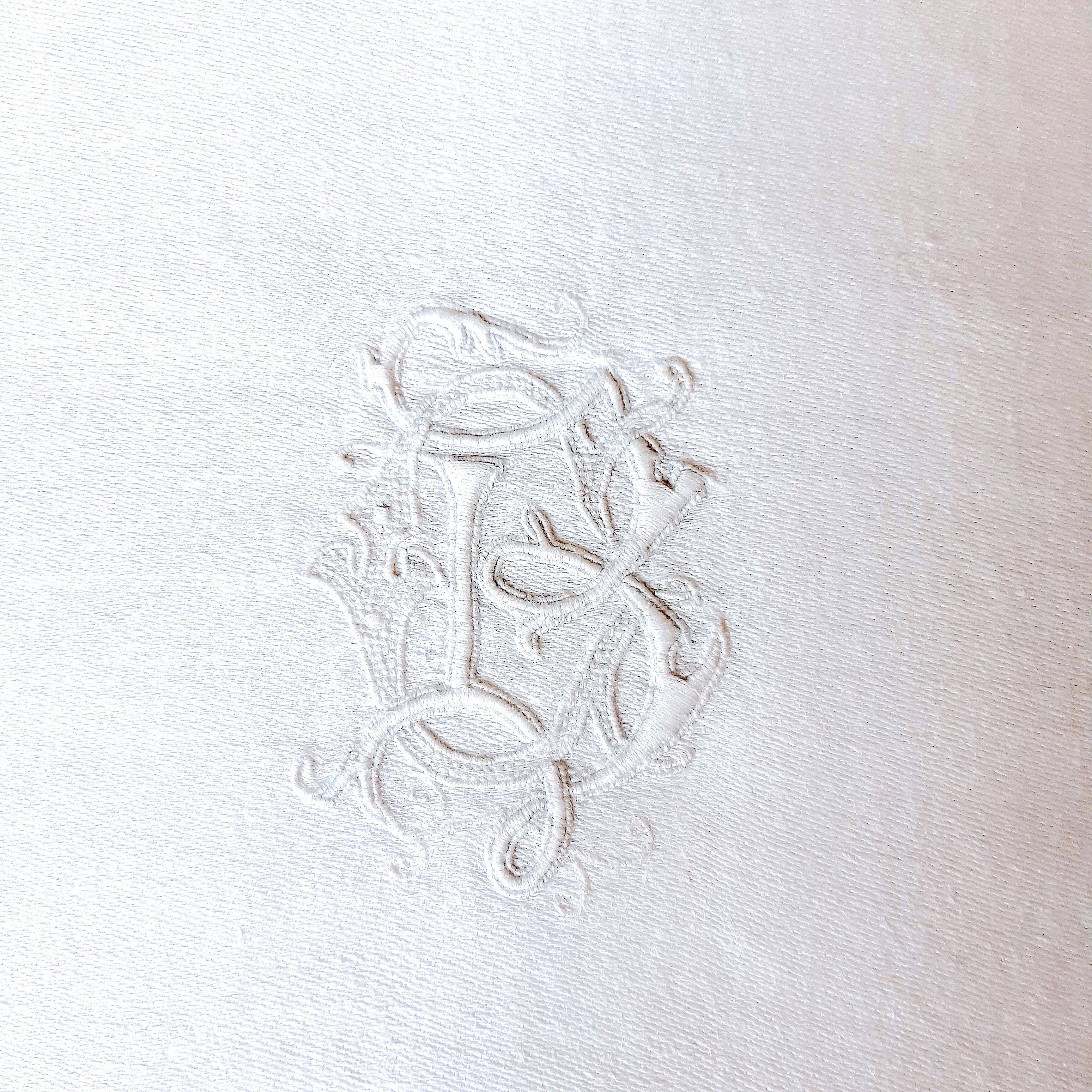 Set of 8 satin damask tablecloths, 19th, monogrammed "BG"