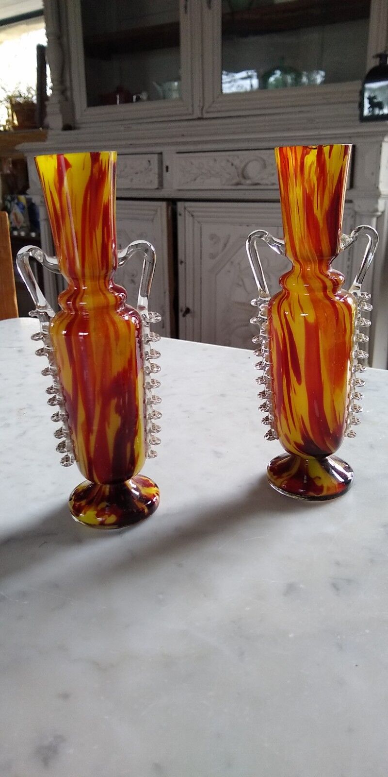 Pair of vases from the Clichy glassworks, orange-yellow marbled, in the shape of an amphora