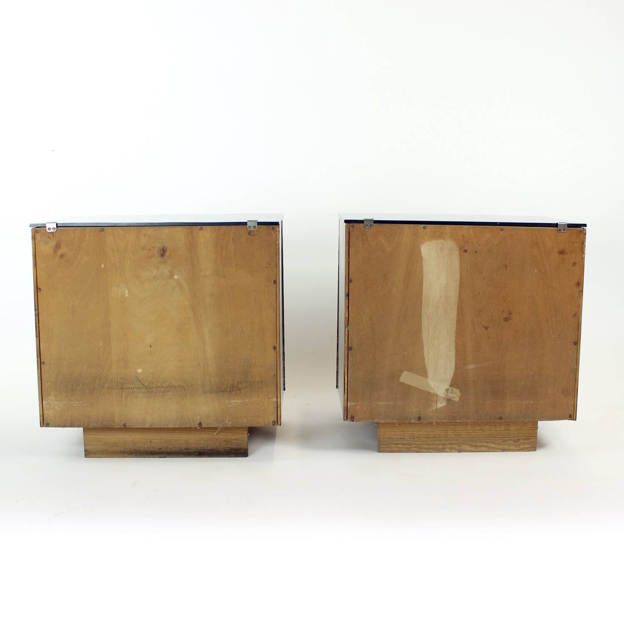 Pair Of Art Deco Bedside Tables With Faux Wood Graining & Glass, Czechoslov