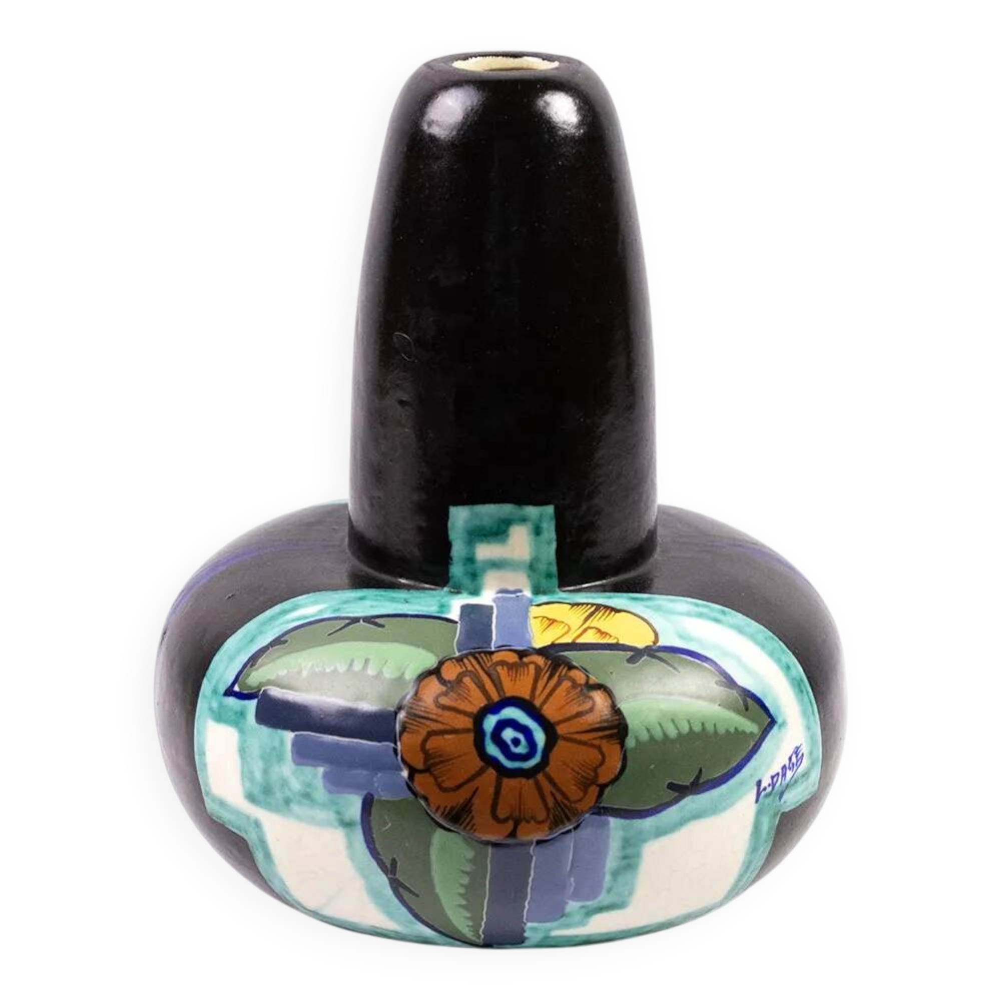 Art Deco Vase by Louis Dage – ceramic with floral decoration on a black background, 1930