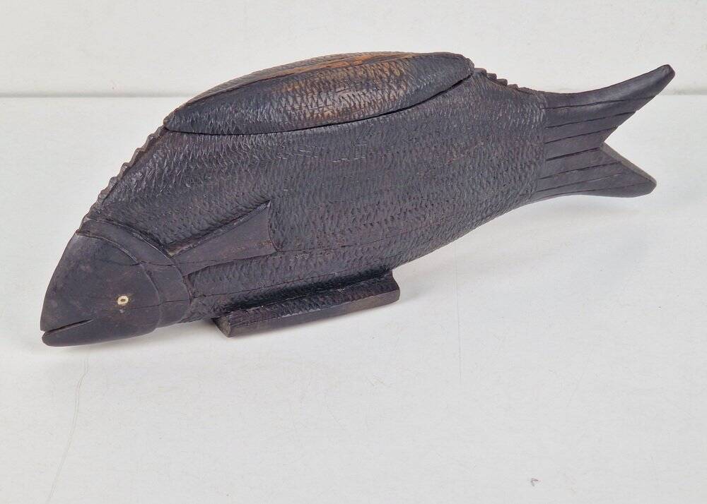 Vintage African Fish Storage Container in Hand-Carved Ebony, 1950s