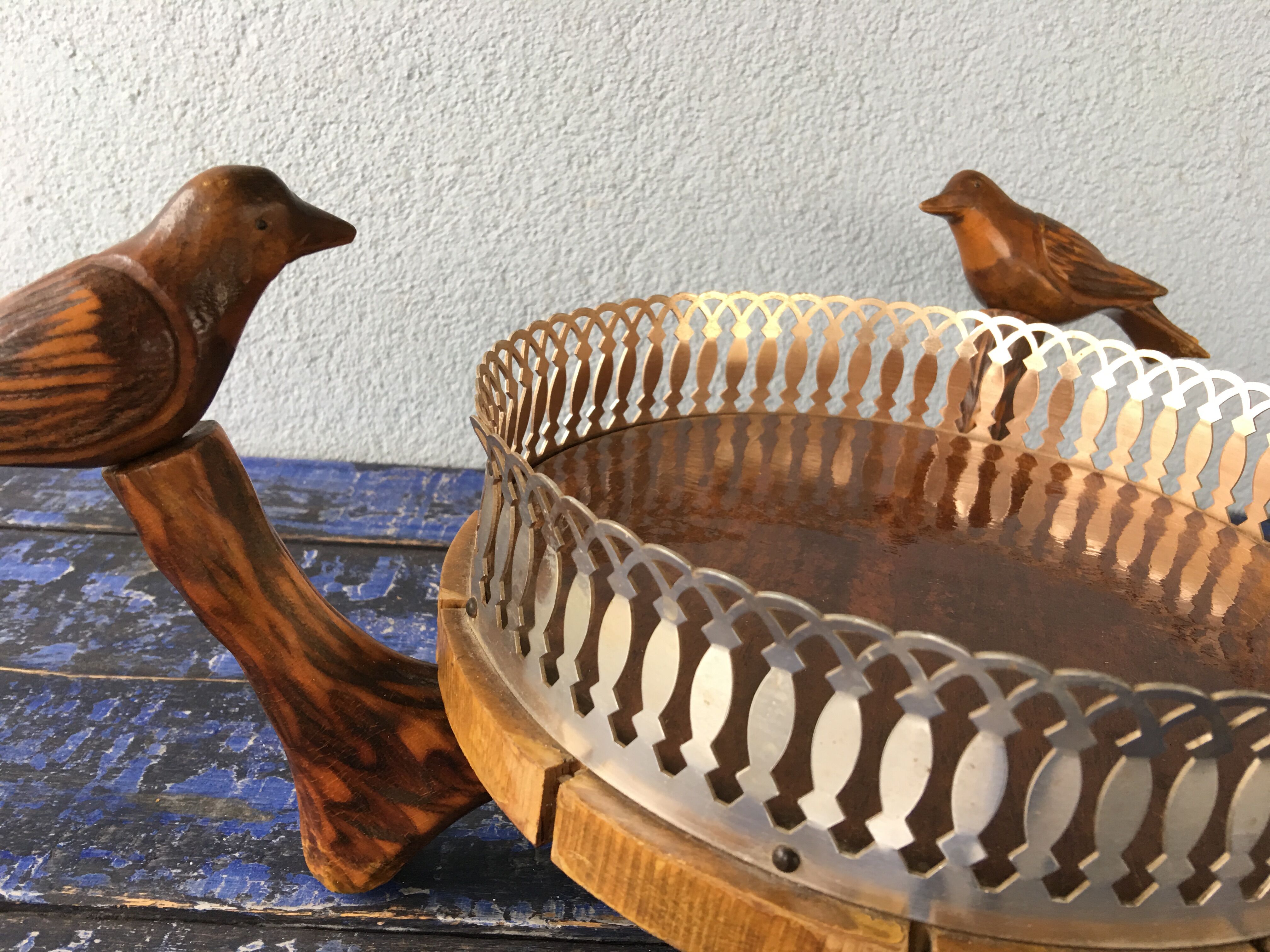 Center table cut, empty pocket, metal wood, vintage 1950