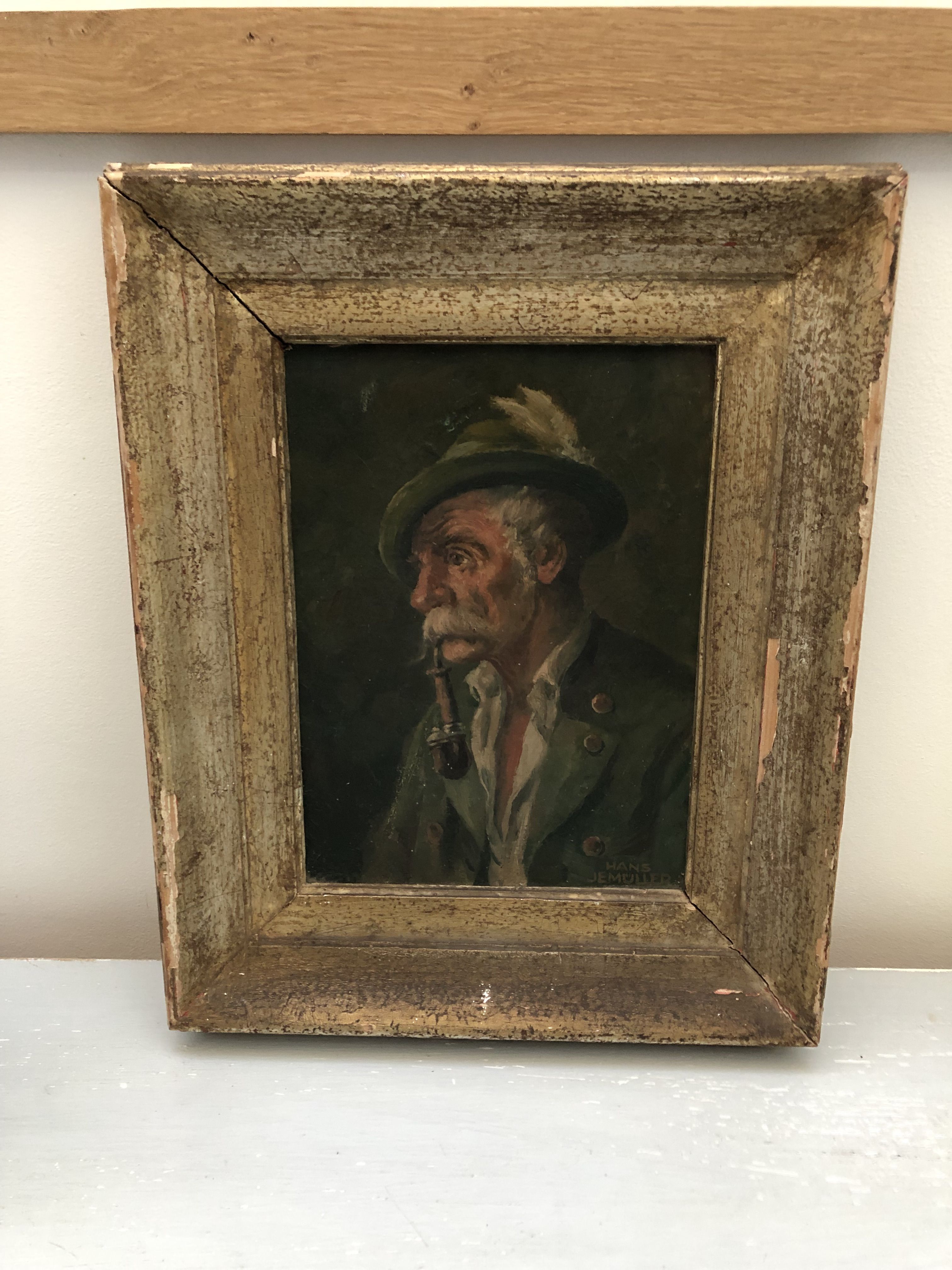 Portrat painting old man smoking a pipe