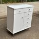 White wooden bathroom furniture with chrome compass legs, Mid-Century 1960.
