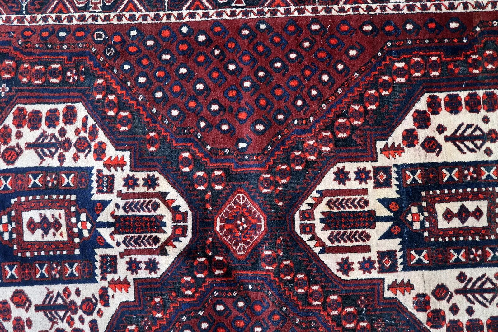 Vintage 1950s Persian Afshar rug, tribal double medallion, red field, 148cm x 211cm