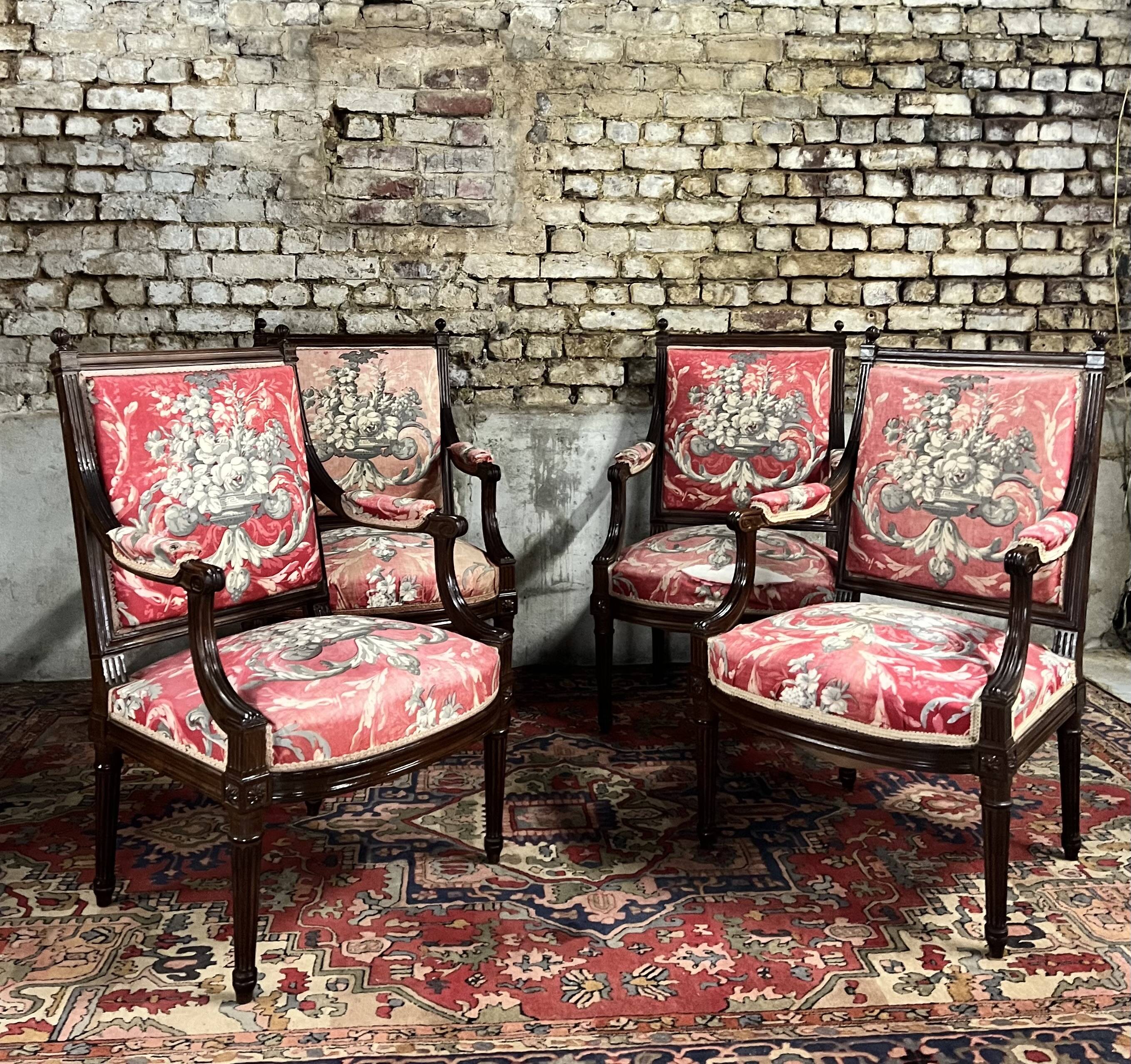 Suite of four queen's armchairs in louis xvi style mahogany xix eme century