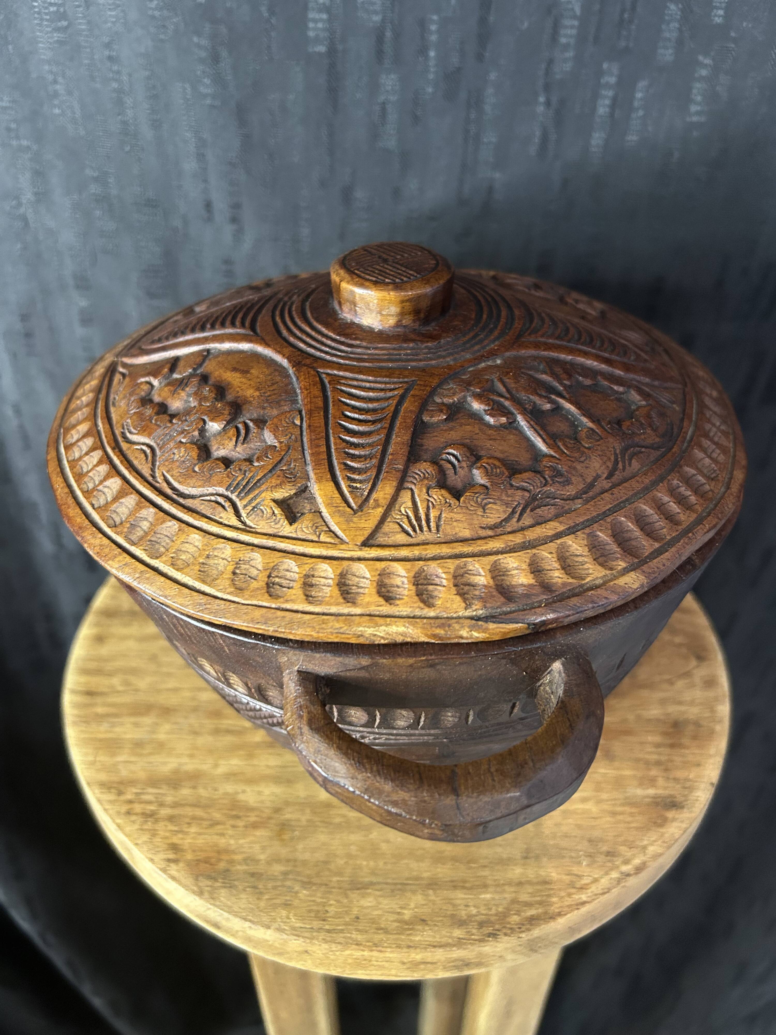 African Art - Madagascar - Vintage - Covered Pot - Carved Rosewood - 1950