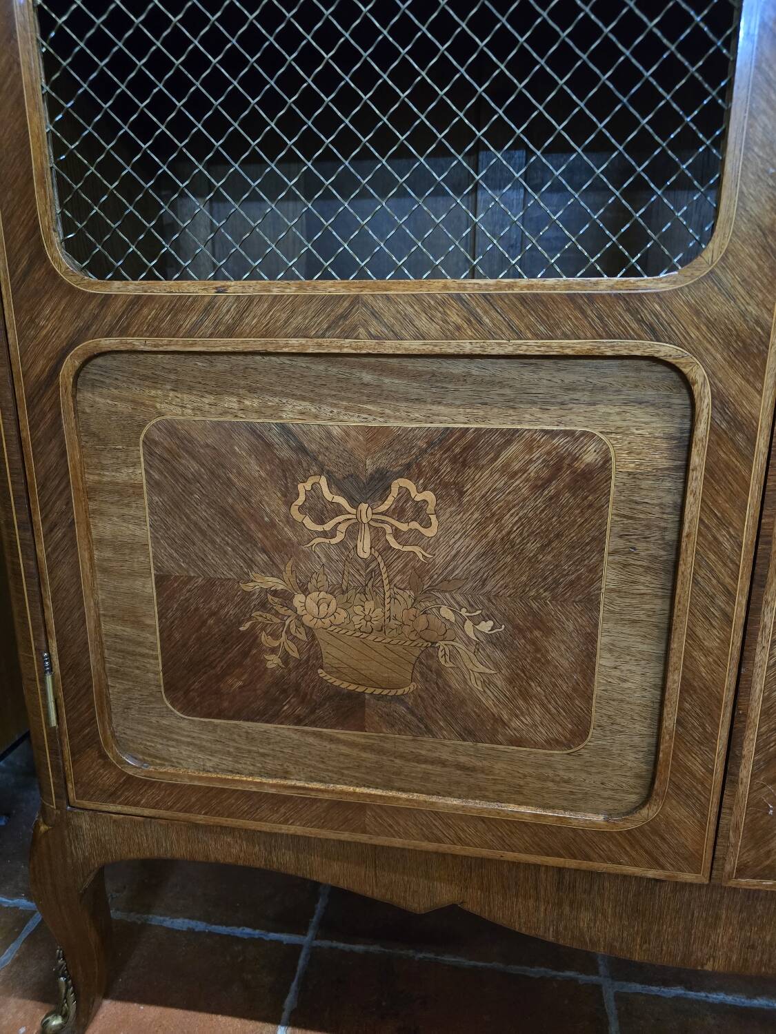Marquetry bookcase with marble top
