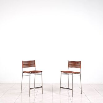 Lot de 2 tabourets de bar « Miss B » en acier inoxydable brossé par Tito Agnoli