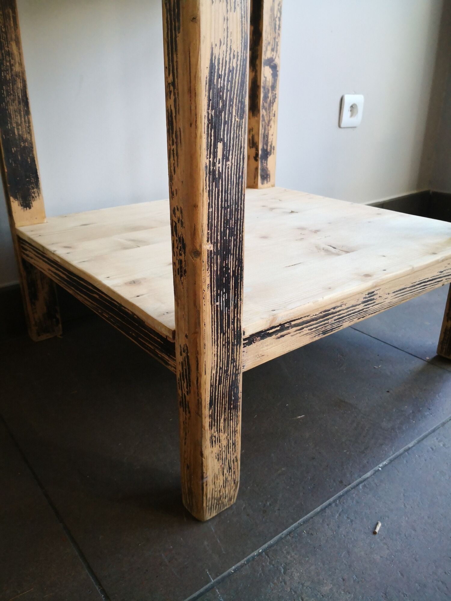 Vintage wooden side table, entrance console, square pedestal table 2 floors.